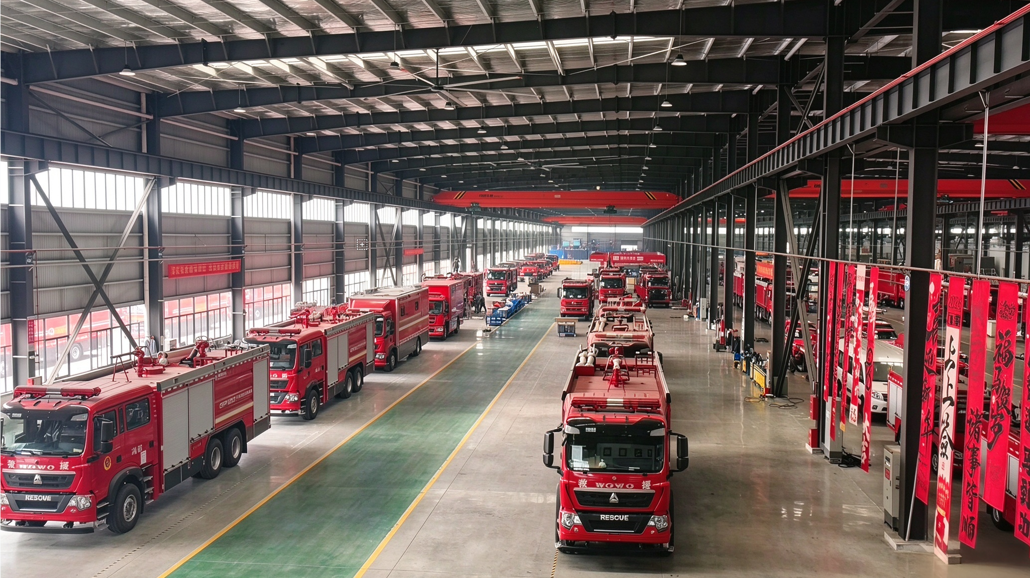 Fire vehicles inside the manufacturing workshop